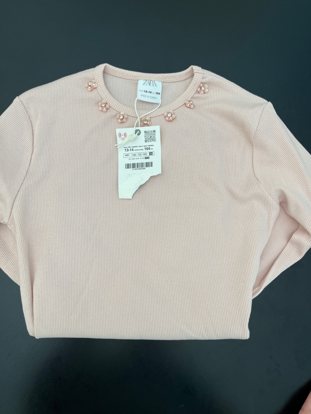 Zara Pink Ribbed Long Sleeve Top with Pearl Floral Trim